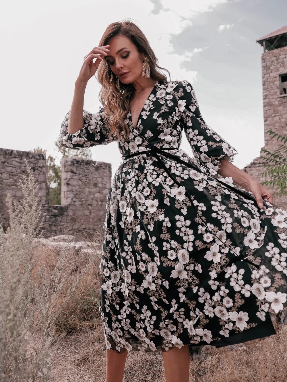 JessaKae Black Midi Wrap Dress with Ivory Floral Embroidery